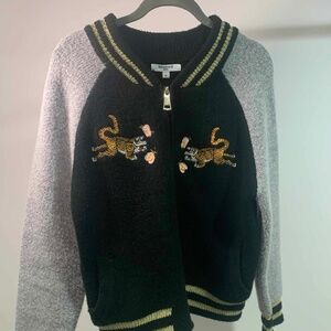 Swewe Paris Tiger Embroidered Varsity Bomber Jacket Women’s Medium Black Gray Go